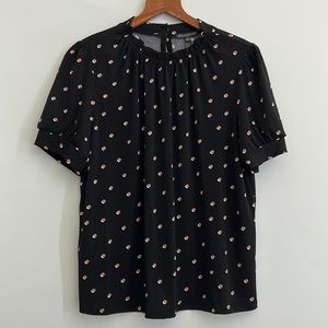 Adrianna Papell Black Brown Polka Dot Short Sleeved Frill Collar Top
